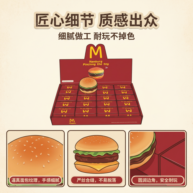 1:1正方形电商主图，美式复古风，整体复古潮趣调性，视觉风格统一无割裂感，标题字体统一使用标签贴纸文字，正文采用大小层级排版，严格还原上传的产品图细节，产品为掌心级仿真汉堡大小，尺寸比例保持1:1；画预览效果