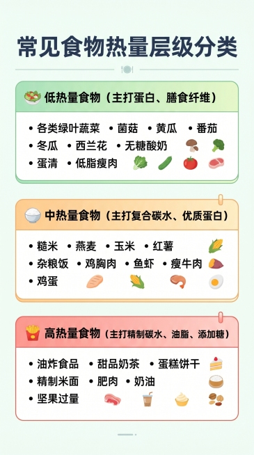 生成一张公众号科普贴图，展示常见食物热量层级分类，包含以下完整内容：
标题：常见食物热量层级分类

🥗 低热量食物（主打蛋白、膳食纤维）
各类绿叶蔬菜、菌菇、黄瓜、番茄、冬瓜、西兰花、无糖酸奶、蛋清预览效果