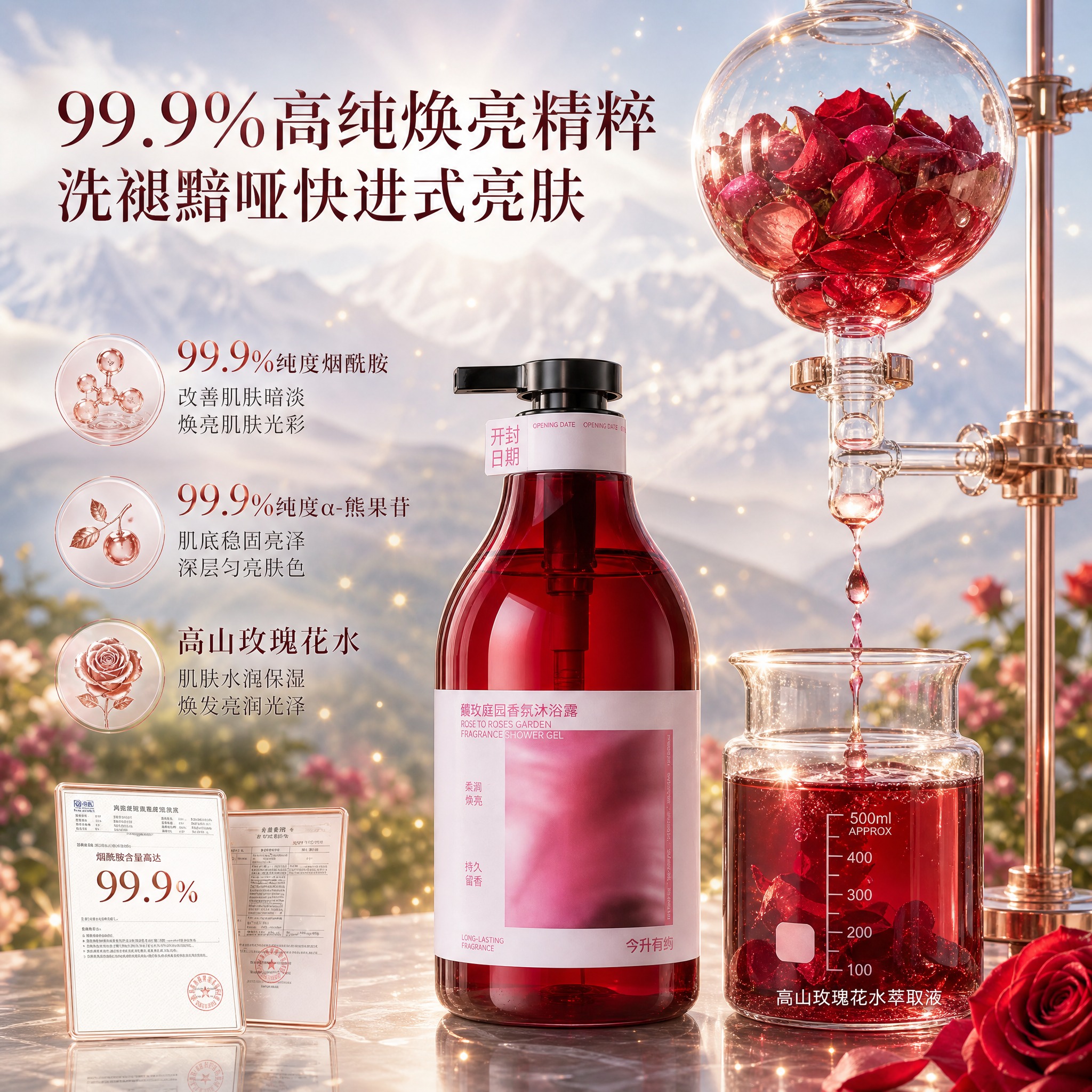 [主图-4] 99.9%高纯焕亮精粹成分展示，强调烟酰胺与α-… - 图片创意预览