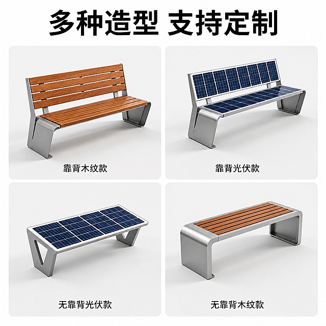 [主图-4] 光伏智能座椅多样造型展示
[氛围风格] 多样化展示，清晰直观
[画质] 商业摄影质感，光线统一通透，产品清晰真实
[元素] 四宫格拼图展示四款不同造型的光伏智能座椅，每个宫格展示一款不同造型：左上靠背木纹款、右上靠背光伏款、左下无靠背光伏款、右下无靠背木纹款，保持每款产品外观材质颜色与原图一致，光影统一。每个宫格底部标注对应造型名称。画面满版排版，宫格间距均匀。
[光影] 统一顶部自然光，每款产品光影方向一致，整体和谐
[配色] 保持产品原有配色，浅灰色背景统一衬托
[文字版式] 顶部主标题「多种造型 支持定制」加粗黑色字体，四个宫格底部各标注对应名称，字体简洁清晰。
[输出要求] 1:1比例，文字清晰锐利，超高清商业摄影质感
[负向提示词] 变形，文字错乱，产品模糊，背景杂乱，水印，电商平台Logo