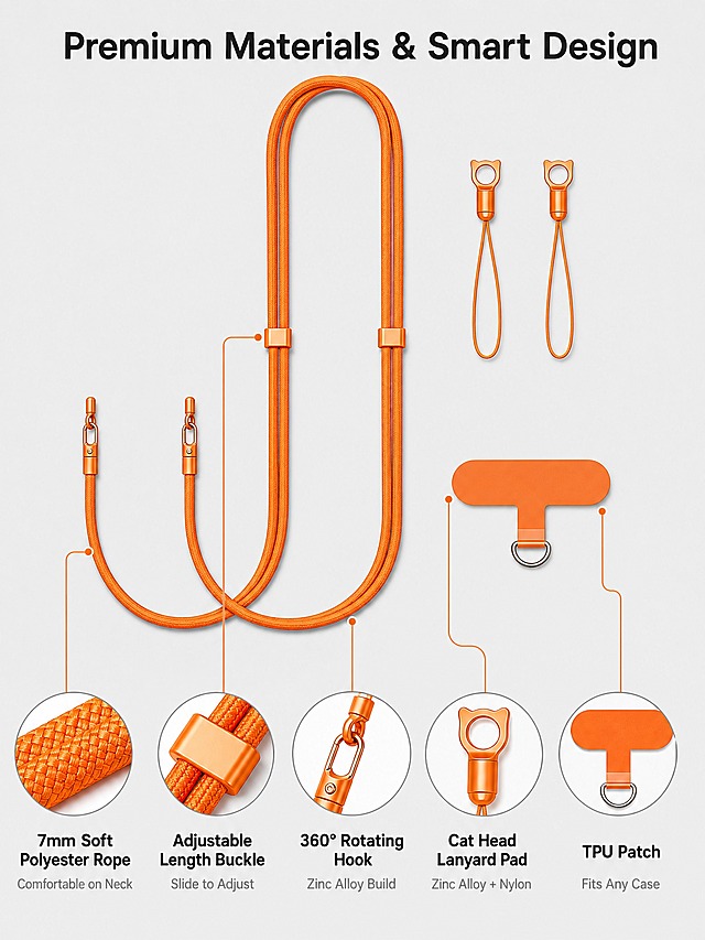 [主图-3] Universal Crossbody Phone Lanyard，产品证据/结构细节图，主题为Premium Materials & Smart Design，展示产品材质和结构细节。
[统一基调] 亚马逊跨境克制信息图风格，浅冷灰色背景，英文文案，无衬线字体，标题深灰色，辅助文字中灰色，强调色橙色，圆角引线标注，视觉与主图2统一。
[画面] 画面上方是橙色挂绳的完整主视觉，呈U形摆放，占画面上半部分。画面下半部分用引线标注方式，从挂绳不同部位引出五个细节标注，每个标注配一个圆形局部放大图和文字说明：1. 从挂绳绳体引出，放大图展示7mm涤纶编织绳的细密纹理，文字"7mm Soft Polyester Rope" + "Comfortable on Neck"；2. 从长度调节方扣引出，放大图展示橙色方形调节扣细节，文字"Adjustable Length Buckle" + "Slide to Adjust"；3. 从挂钩处引出，放大图展示360°旋转锌合金挂钩结构，文字"360° Rotating Hook" + "Zinc Alloy Build"；4. 从猫头挂绳伴侣引出，放大图展示猫头造型金属件+尼龙鱼丝线，文字"Cat Head Lanyard Pad" + "Zinc Alloy + Nylon"；5. 从TPU夹片引出，放大图展示TPU夹片+D形金属环，文字"TPU Patch" + "Fits Any Case"。五个标注均匀分布在挂绳周围，引线为细橙色线条，放大图为圆形白底带细灰边。
[光影质感] 影棚柔光，产品质感真实，编织纹理、金属光泽、TPU光滑感都清晰表现，接触阴影柔和。
[配色] 浅冷灰背景 + 橙色产品 + 深灰文字 + 白色放大圆底，橙色引线作为强调。
[文字版式] 主标题"Premium Materials & Smart Design"在画面顶部，粗体深灰大号字。每个放大图下方对应两行英文说明文字，第一行粗体深灰，第二行常规中灰，字号较小但清晰。
[输出要求] 3:4竖版比例，细节清晰，文字可读，产品结构准确，无变形、无错字、无模糊、无水印。
