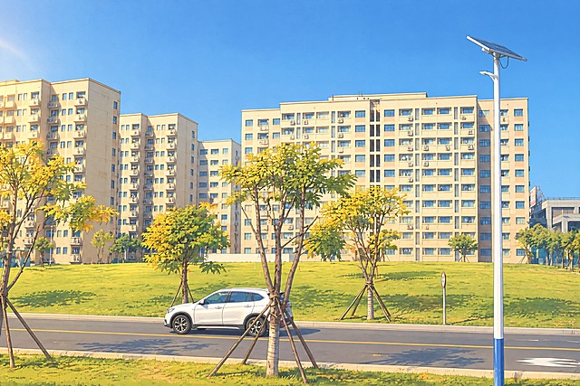 将这张照片转换为日系动漫风格画面，场景为厦门冬天的中午14点，晴朗无云的蓝天，温暖明亮的阳光照射，光线柔和有暖阳感。保留原图的建筑、道路、白色汽车、树木和草坪的整体布局。草木呈现厦门冬天的特征：树木有黄有绿，不是全部枯萎，部分树叶泛黄，草地以绿色为主夹杂少量枯黄，地面散落着个别落叶。整体画面清新明亮，动漫插画质感，色彩温暖柔和