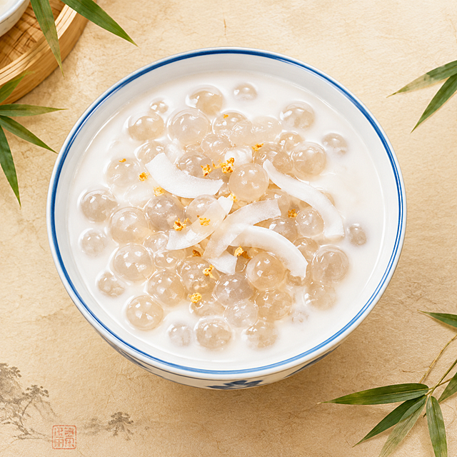 一碗精致的中式糖水甜品——椰汁木薯，Q弹透明的木薯圆子漂浮在奶白色椰汁中，清爽Q弹，盛在带蓝边的白瓷碗中，俯视角度，背景是米黄色宣纸质感，点缀淡绿色竹叶，清新雅致的中式糖水铺风格，美食摄影，高清细腻，暖光柔和