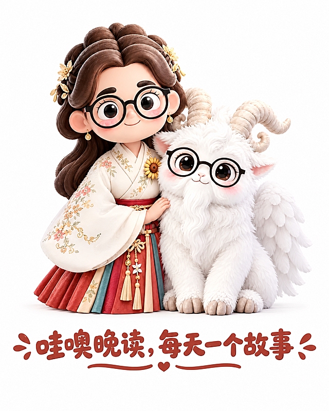保持参考图中汉服女老师和白泽神兽的组合形象完全不变，在形象的正下方添加一行中文文字："哇噢晚读，每天一个故事"。字体采用可爱圆润的卡通书法风格，颜色为温暖的红棕色，字号适中，与整体3D卡通Q版风格协调统一。整体构图居中对称，纯白背景，3D渲染，C4D风格，柔和光线，超高细节，完整的品牌logo设计