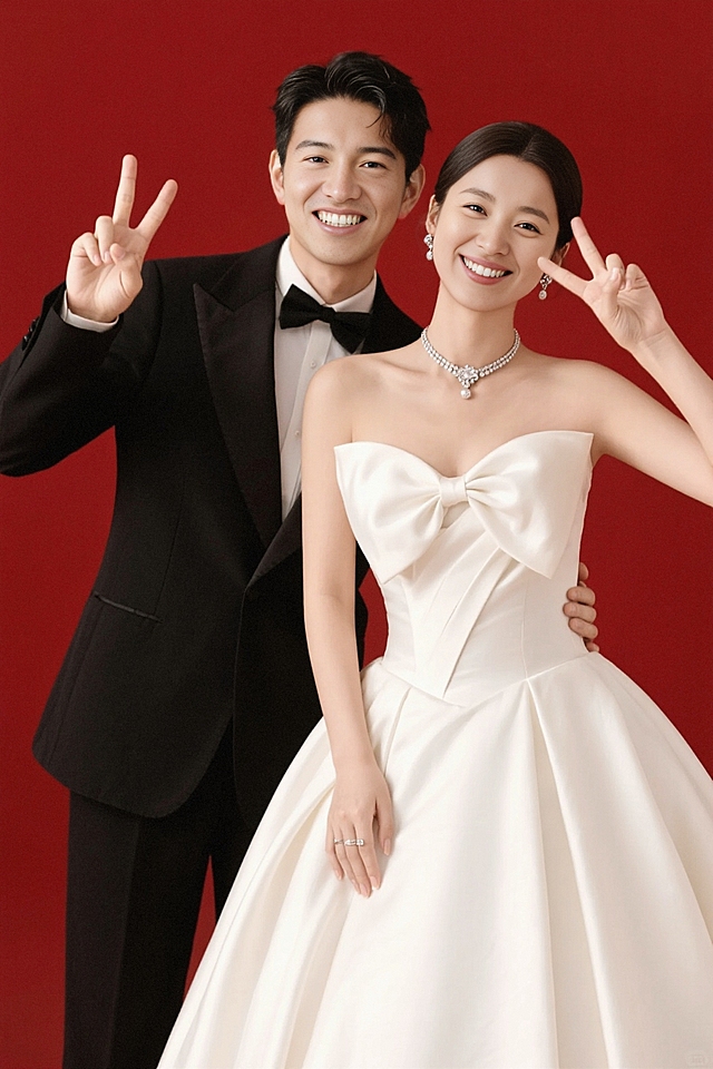 穿着婚礼服装的情侣，帅气新男身着黑西装礼服，漂亮新娘身着象牙白高定塔夫绸婚纱，新郎站在左边，新娘站在右边，新娘前胸有个大大的设计感不对称蝴蝶结，配套高定饰品，红色背景，两人紧紧靠在一起，同时用一只手比“V”放脸颊两侧，笑容灿烂，光线明亮均匀，欢乐甜蜜的婚礼拍照氛围。8K分辨率