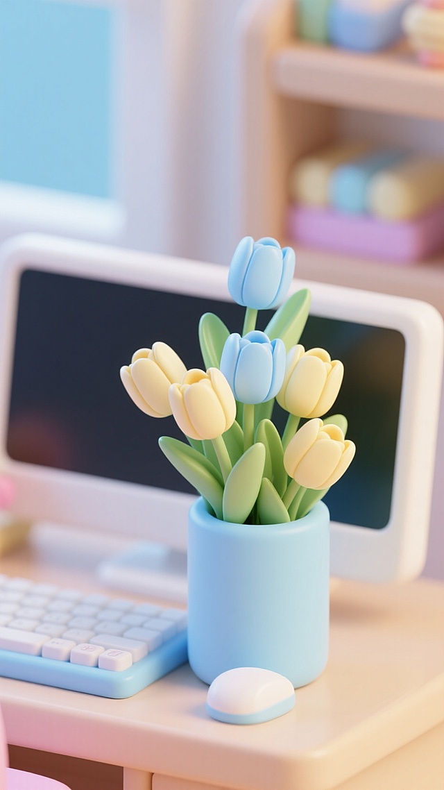 清新软3D风设计，桌面花瓶与电脑相映成趣，营造温馨办公氛围。
