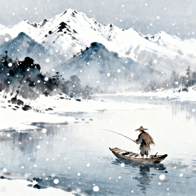水墨风格，冷色调，独钓寒江雪，远景是连绵雪山，近景寒江江面飘着雪花，一叶孤舟上蓑笠翁独自垂钓，层次分明，氛围静谧孤寂，元素精准简洁，符合古诗意境预览效果
