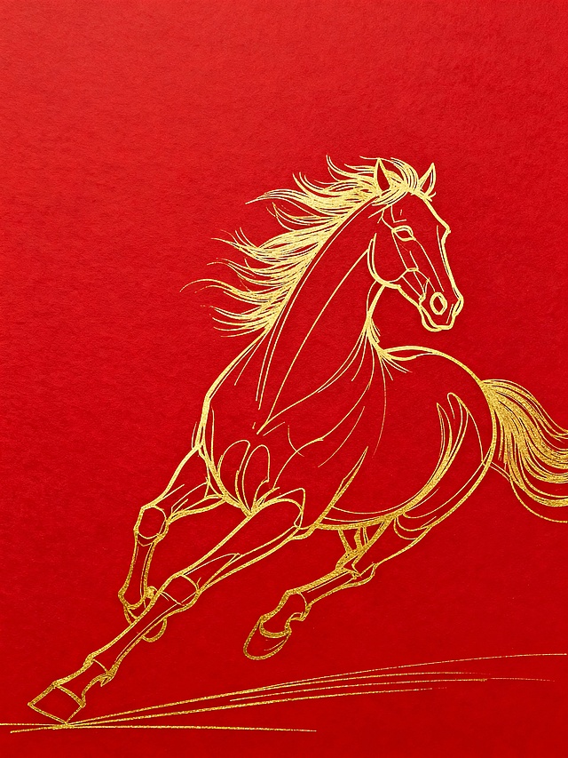 用金色极简的几根细线条描绘一匹疯狂奔跑的骏马，流畅线条随意随风飘逸，独特简洁，不拘一格的创意，具有强烈视觉错觉感，有很强的艺术功底和艺术修养。大师草图品质，画面红色背景。