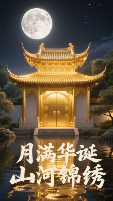 在静谧的中式园林场景中，一轮皎洁的明月高悬夜空，洒下银白的光辉。一座传统中国宫殿大门矗立眼前，整体呈现金色，拥有多层结构与弯曲的飞檐，飞檐上的瓦片纹理清晰，边缘微微上翘，尽显古韵。大门表面覆盖着闪闪发预览效果