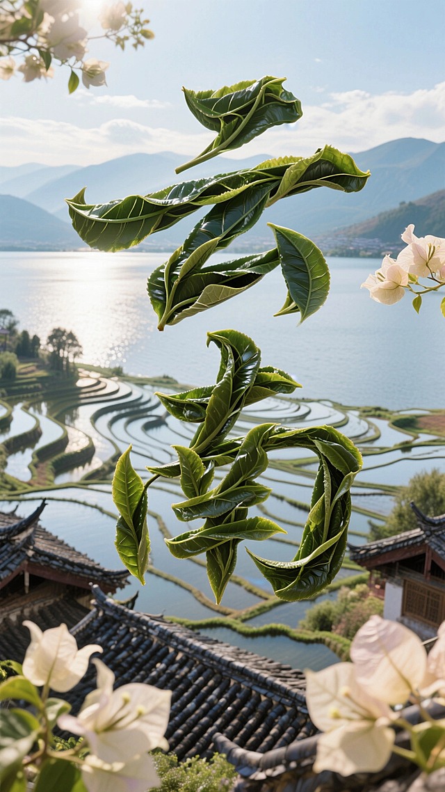 “云南”二字由普洱茶叶变成扭曲而成，文字居中，背景是元阳梯田曲线组成、大理洱海波光倒影 、 丽江古城青瓦屋顶，融入云南浅色三角梅元素，景深