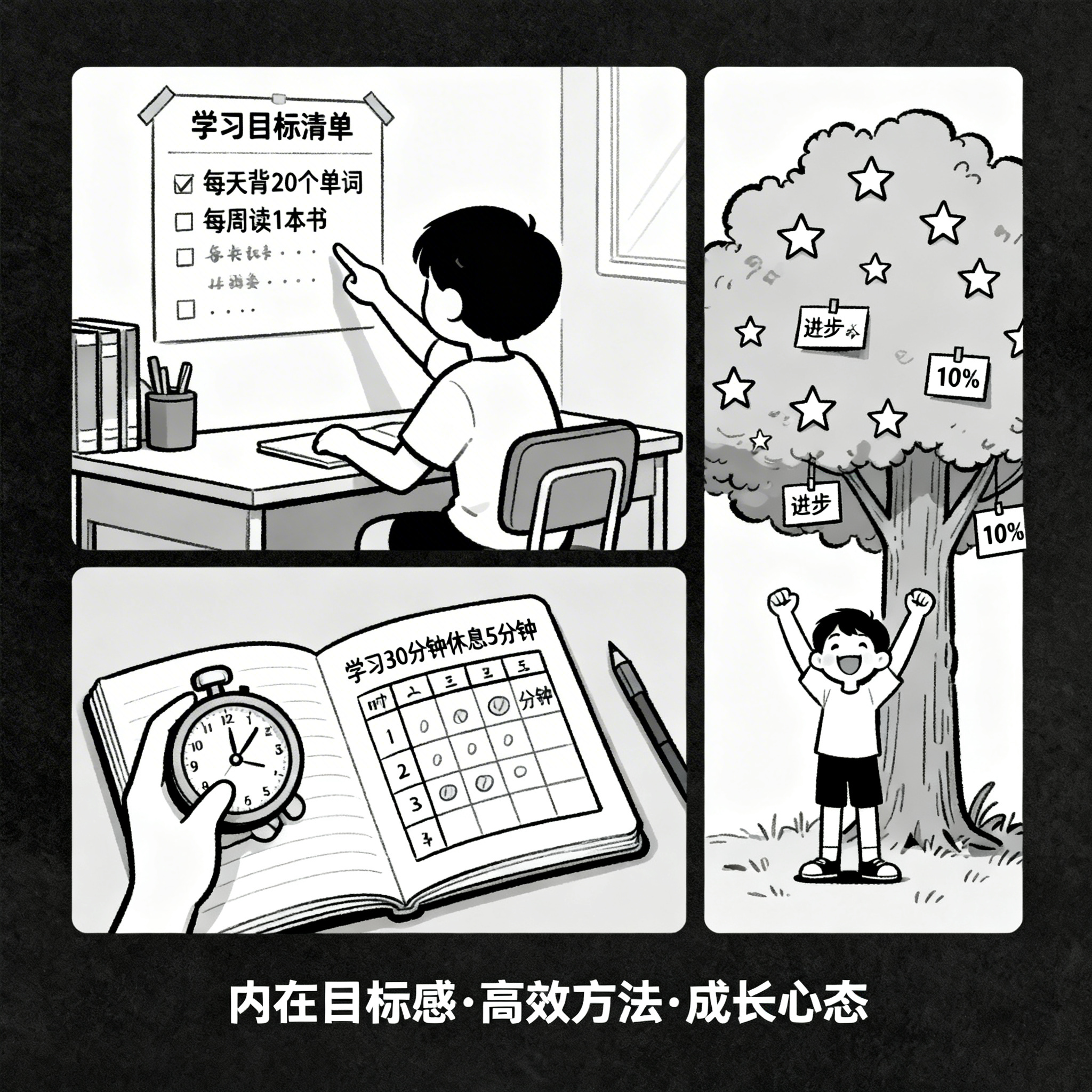 简约线稿风格，1:1比例，三格漫画：第一格孩子设定学习目标，第… - 图片创意预览