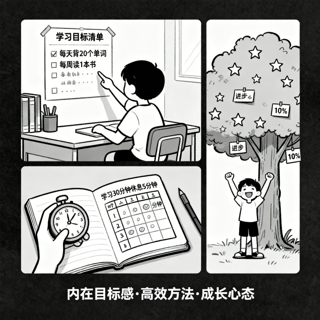 简约线稿风格，1:1比例，三格漫画：第一格孩子设定学习目标，第二格使用时间管理工具，第三格庆祝学习进步，底部文字"内在目标感·高效方法·成长心态"预览效果