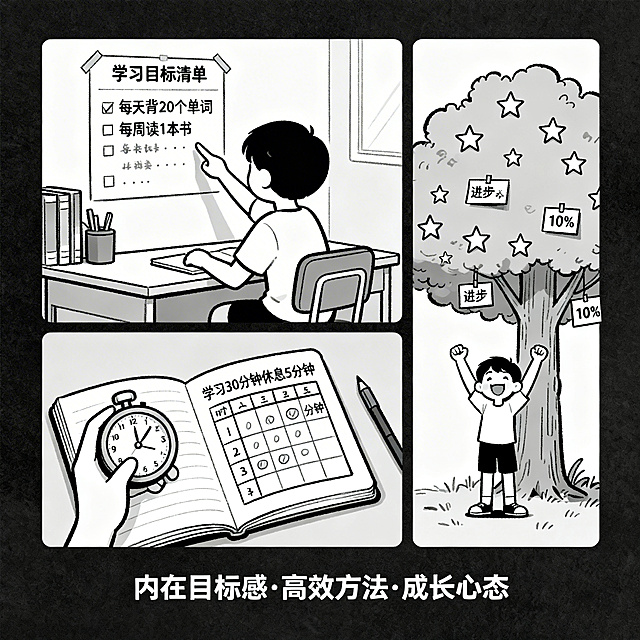 简约线稿风格，1:1比例，三格漫画：第一格孩子设定学习目标，第二格使用时间管理工具，第三格庆祝学习进步，底部文字"内在目标感·高效方法·成长心态"
