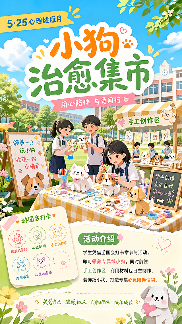 5·25心理健康月活动海报，面向初一学生，色彩明亮活泼。大标题写“小狗治愈集市”，下方写活动介绍和规则：“学生凭借游园会打卡章参与活动，即可领养专属纸小狗。同时前往手工创作区，利用材料包自主制作、装饰纸小狗，打造专属心灵陪伴信物。”青春校园风格，整体构图清新明快，左上角标注5·25心理健康月