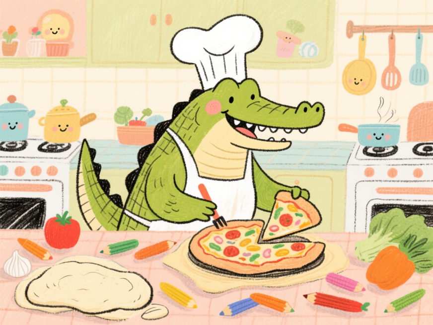 儿童绘本插画风格，黑色铅笔描边，水彩和彩色铅笔混合着色效果，画面中心是一只温柔的鳄鱼妈妈，她戴着厨师帽，正在厨房里开心地制作披萨，周围散落着彩色的蔬菜和面团，背景有可爱的卡通厨具，整体色调明亮温暖，充预览效果