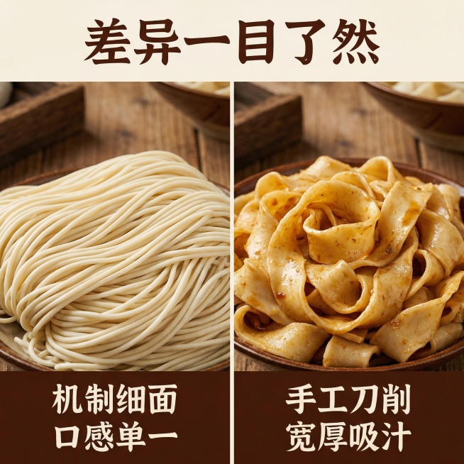 [主图 5 品质对比] 手工刀削面对比展示主图，左侧是普通机制面条，细圆整齐没有口感层次，右侧是我们的手工刀削面，宽厚均匀边缘自然卷曲，形态独特更吸汁，通过对比凸显产品差异化。背景是原木纹理台面，自然预览效果