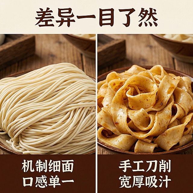 [主图 5 品质对比] 手工刀削面对比展示主图，左侧是普通机制面条，细圆整齐没有口感层次，右侧是我们的手工刀削面，宽厚均匀边缘自然卷曲，形态独特更吸汁，通过对比凸显产品差异化。背景是原木纹理台面，自然暖光，整体风格保持传统质朴统一。上方大标题 "差异一目了然"，下方分别标注"机制细面 口感单一"和"手工刀削 宽厚吸汁"，深棕色文字左对齐排版，不遮挡对比主体。