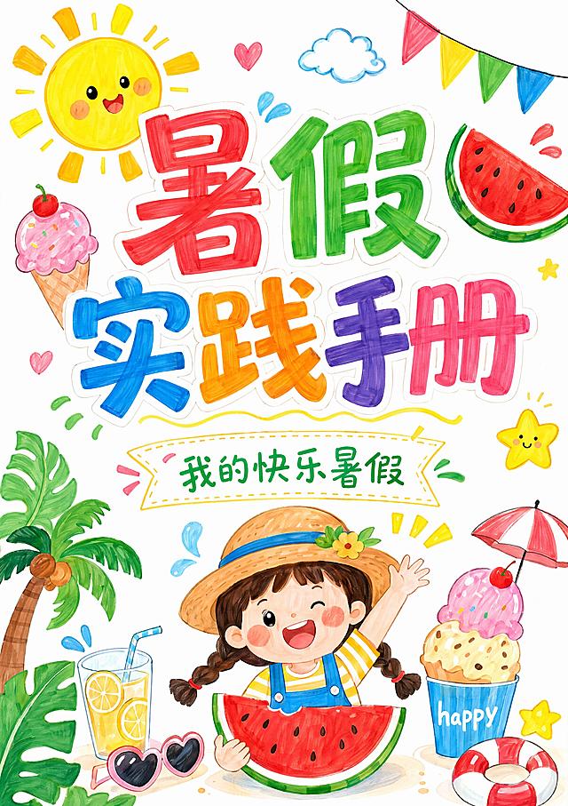 马克笔手绘风格，白底，主标题"暑假实践手册"，副标题"我的快乐暑假"，整体风格活泼童趣，清新手绘，画面装饰太阳、西瓜、冰淇淋等夏日小元素，A4竖版尺寸，文字清晰，版式精美，尺寸210*297mm竖版，马克笔手绘风，白底。
