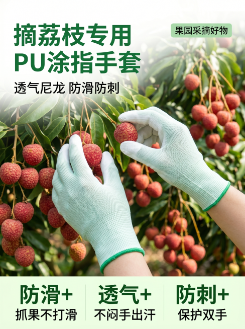 「图片1」这个是PU涂指手套，手指补发是涂胶的，手套是尼龙材质，透气的！我现在想用这款手套来打摘荔枝的场景，你帮我生成10张符合拼多多主图的图片，并且生成的图片要带有摘荔枝的营销文案预览效果