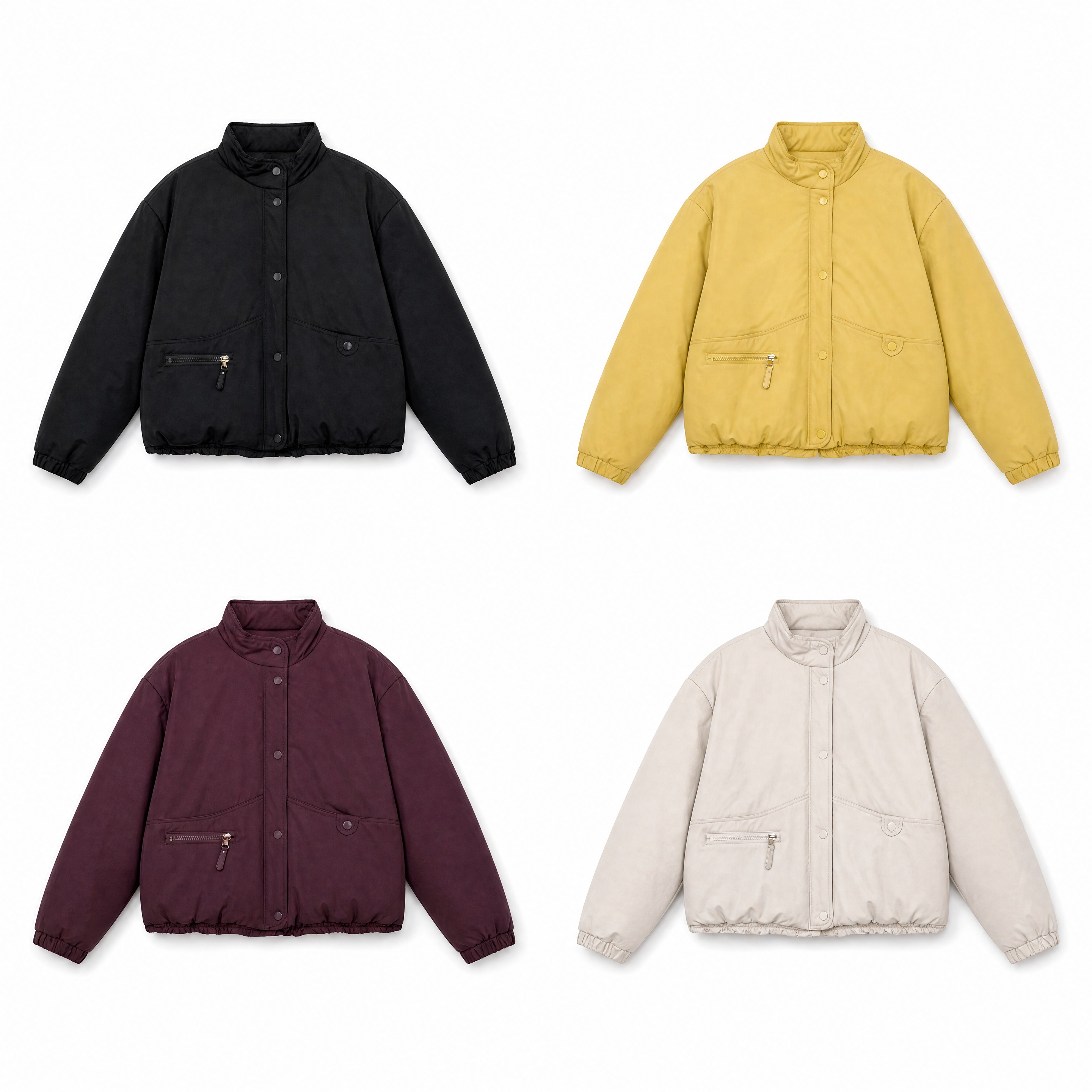 产品精修，四件同款不同色的短款立领棉服外套平铺在纯白背景上，按… - 图片创意预览