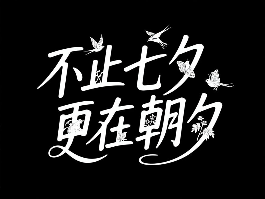 文字“不止七夕 更在朝夕”，每个字母内部填充动物植物的黑白线稿图像，营造都市与自然反差的视觉效果。背景为纯黑色，字体中间镂空，填充喜鹊、蝴蝶等七夕象征物预览效果