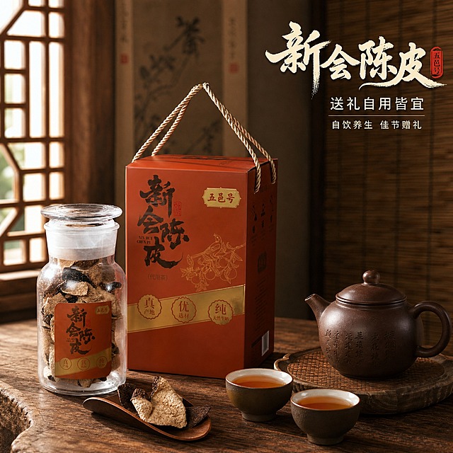[主图-4] 使用场景 中式茶席品饮 送礼自用场景代入
[统一基调] 国风质感 暖棕木调 深棕背景配暖木色桌面 主标题用粗笔刷书法字 米白字色带轻微阴影 辅助文案用细黑体 字号为主标题50%以下 强调字用朱红印章式小标 整体精简简洁 文字占比低于30%
[画面] 中式茶席场景 木质茶桌上摆放陈皮礼盒 玻璃罐 紫砂茶壶 两只品茗杯 茶则中放两片陈皮 背景为素色宣纸挂轴一角与竹帘 光线从左侧窗格透入 形成柔和光影 营造静谧品茗氛围 产品礼盒与玻璃罐为视觉主体 占画面约50% 视角为45度微俯 展现完整茶席布局
[光影质感] 窗边自然光 柔和漫射 左侧亮右侧渐暗 木质纹理清晰 器物表面有温润反光 阴影柔和 整体静谧温暖 生活方式摄影质感
[配色] 暖木色 深棕色 紫砂褐色 茶汤琥珀色 米白文字 整体暖调国风 统一和谐
[文字版式] 右上角主标题 送礼自用皆宜 下方两行小字 自饮养生 佳节赠礼 文字放在画面右上负空间 不遮挡主体器物
[输出要求] 1:1正方形 2048x2048 文字清晰可读 产品清晰不变形 无错字 无水印 无平台Logo 无多余杂物