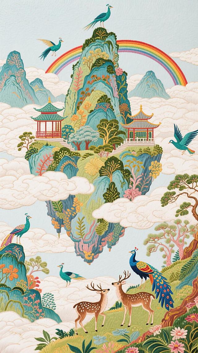 梦幻感中式山水插画，工笔与刺绣风融合，超现实云中仙岛，孔雀鹿群共舞，彩虹映衬，唯美元素交织，文艺优雅，虚拟自然意境。