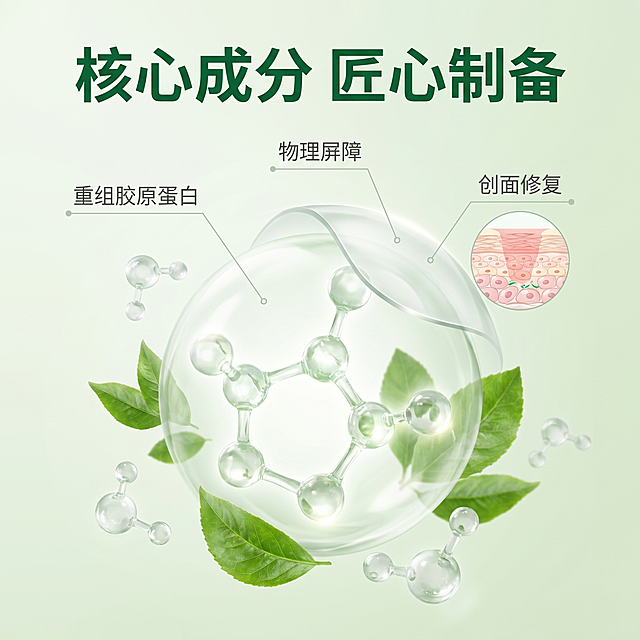 [主图-2] 核心功效成分解析主图
[氛围风格] 森系清新科研风，天然纯净
[画质] 商业摄影质感，光线柔和通透，画面干净高级
[元素] 画面居中展示立体3D胶原蛋白分子结构，周围环绕新鲜绿叶植物元素，点缀几个半透明水分子模型。用纤细引线标注各成分功能："重组胶原蛋白"对应分子结构，"物理屏障"对应保护层示意图，"创面修复"对应愈合微环境示意图。整体自然干净，没有多余装饰。商品主体占比约65%，满屏无边框
[光影] 柔和均匀自然光，分子结构通透有光泽，植物叶片光影自然
[配色] 浅绿背景搭配深绿植物、透明分子结构，整体清新干净
[视角构图] 中心对称构图，景深较浅，突出核心成分
[文字版式] 顶部大字标题写"核心成分 匠心制备"，深绿色粗体；每个成分点用浅绿细线引线引出对应标注文字，小字浅灰色不抢焦点。文字都在负空间不遮挡主体
[比例分辨率] 1:1比例，2k分辨率，文字清晰锐利，超高清
[负向提示词] 变形，水印，文字错乱，背景杂乱，夸张用语，医疗疗效宣传