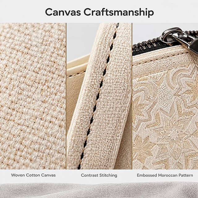 [主图-3] Moroccan Canvas Card Holder 的材质与工艺细节图，唯一任务是用微距证据证明帆布的质感与做工。
[统一基调] 跨境 Amazon 极简高级商业摄影，浅灰至米白背景主色，柔和自然光，真实帆布质感；标题字=现代无衬线粗体、深炭灰；说明字=同一无衬线字体常规字重、中暖灰；强调色=暖棕金，仅用于细线引线、图标与小标签；组件=细线引线、圆角浅底信息卡、细线分隔；全套同色系不轮换主色。
[画面] 1:1 正方形构图；三格微距拼贴，格与格之间用细线分隔：左格放大米白厚帆布的真实织纹与厚度，中格放大黑色明线车线与帆布叠边，右格放大卡包正面低调的摩洛哥几何暗压纹与黑色五金拉链头细节；三格背景统一为浅灰与米白，底部铺一块浅灰亚麻布作为真实语境承托；画面细节均由 【图1】 卡包的真实结构与材质延续而来，不虚构不存在的部件。
[光影质感] 商业摄影级微距布光，主光自左上方，亚光帆布表面呈现细腻纹理与柔和高光，缝线与拉链五金有真实反光与阴影。
[配色] 沿用统一基调，浅灰底加米白帆布，暖棕金只用于标签与分隔线。
[文字版式] 顶部居中英文标题 "Canvas Craftsmanship"；三格下方各一行英文短标签，横排："Woven Cotton Canvas"、"Contrast Stitching"、"Embossed Moroccan Pattern"；文字与主体保持安全距离。
[输出要求] 比例 1:1 正方形，2048x2048；文字清晰横排、无逗号、无中文；微距细节真实清晰，无错字、无水印、无平台 Logo。
