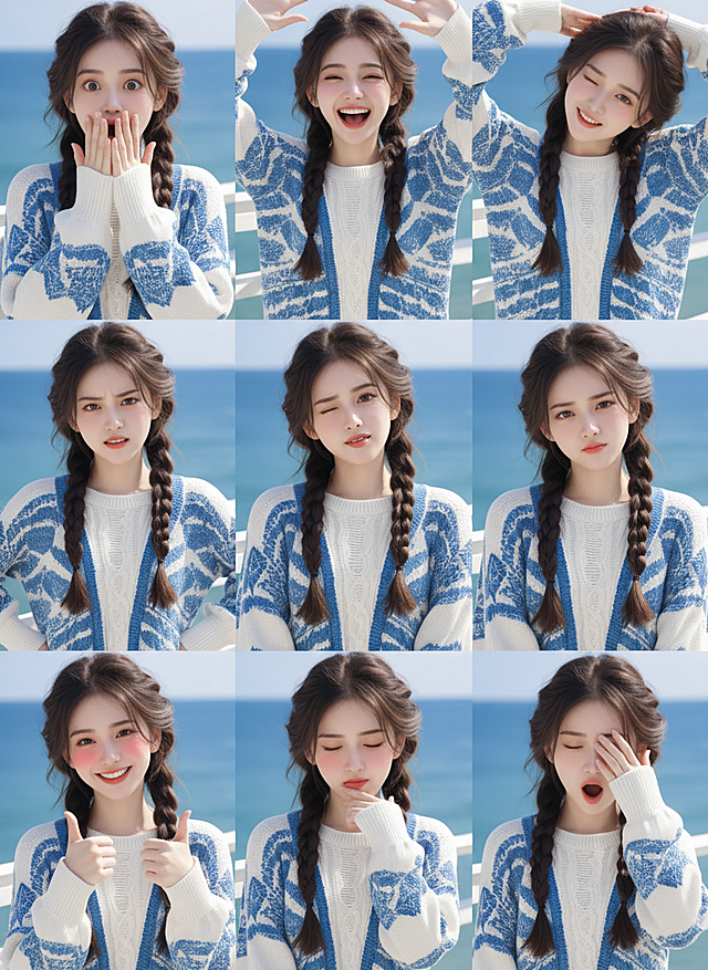 保持人物主体不变，创作一组写实风格表情包，包含表情不同、姿势不同的九宫格表情包，表情变化较大，姿势夸张