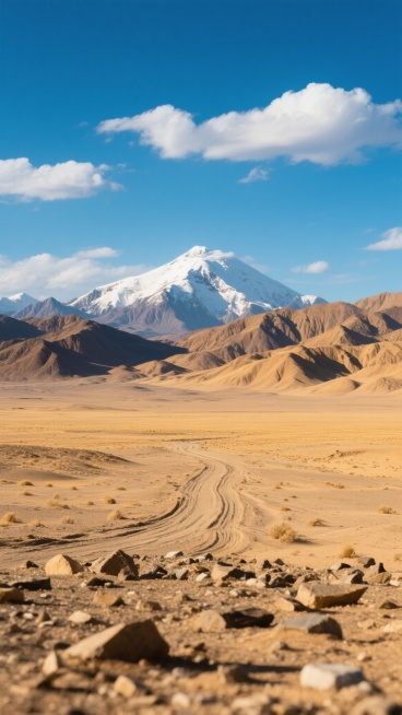 超高清户外风景摄影，广阔无垠的荒漠戈壁场景，前景是布满碎石和车辙印的干燥沙地，中景为绵延起伏的黄褐色山峦，远景是巍峨耸立的雪山峰顶覆盖着皑皑白雪，湛蓝的天空中飘着少量蓬松的白云，强烈的自然光线形成清晰的光影对比，整体呈现出苍凉、壮阔、宁静而悠远的氛围，色彩以土黄色、深蓝色和白色为主，构图采用三分法，地平线置于画面中上部，展现出开阔的空间感和深远的透视效果。预览效果
