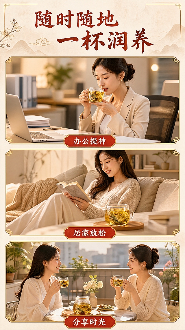 [商品] 使用【图2】茶饮杯，保留茶汤和原料；分别放入三个不同场景中，美女在各场景中饮用。
[画面] 目标：多场景拼图页，展示多种饮用场景，美女互动。构图：顶部大标题+下方三宫格竖排场景卡片，每张卡片为一个场景，卡片间留间距；三个场景分别为：1.办公场景：美女白领在办公桌前捧杯喝茶，电脑文件虚化背景；2.居家休闲：美女窝在沙发里看书，手边放着茶饮；3.闺蜜分享：两位美女好友在阳台小桌边对坐品茶聊天；每个场景中茶饮杯清晰可见。
[视觉] 套系策略：风格=中式国潮养生商业摄影；标题字=书法粗宋/手写书法体（与参考图字体一致）；正文字=简洁宋体；主色=暖金棕+米杏色；背景延展=米杏色宣纸纹理底；强调色=朱砂红，用于场景标签底；标题色=深棕红；正文色=深棕；组件=金边圆角场景卡、朱砂红底白字场景标签、中式装饰角花；光影=各场景自然暖光。
[文字] 顶部主标题"随时随地 一杯润养"；三张卡片底部标签分别为"办公提神""居家放松""分享时光"；所有文字横排，字号保证手机端清晰可读。
[规格] 图片比例9:16竖版，4K，负向提示：避免包装盒、文字竖排、变形、错字、医疗功效、绝对化用语、冷色调、男性人物。