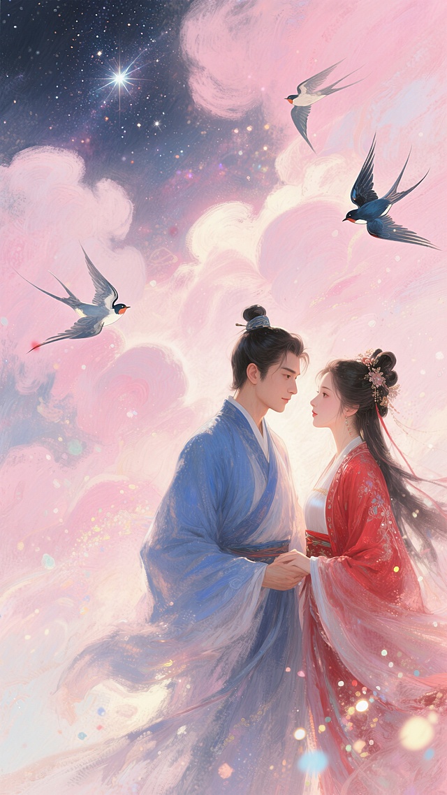 水彩风插画，古典情侣在梦幻星空下相拥，燕子飞舞，浪漫超现实。