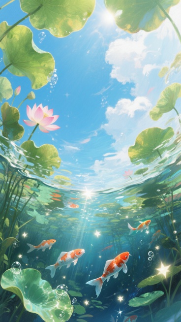 从池塘的水底仰视上方的荷叶荷花的水下世界视角，水底占画面三分之二之多，游过几条锦鲤。阳光照射水面形成星星点点的亮光。夏日的蓝天白云。大透视，生动，动态感，斑驳的光影，特写预览效果