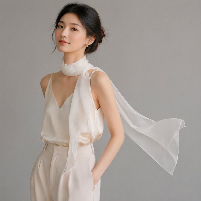 「图片1」气质亚洲女性，黑发低盘丸子发髻，妆容淡雅温婉，大眼睛，高鼻梁，气质优雅知性，上身米黑色缎面无袖 V 领背心上衣，缎面面料自带细腻柔光，下身搭米色高腰休闲西裤，图1白色窄边纱巾脖颈简单绕圈，丝预览效果