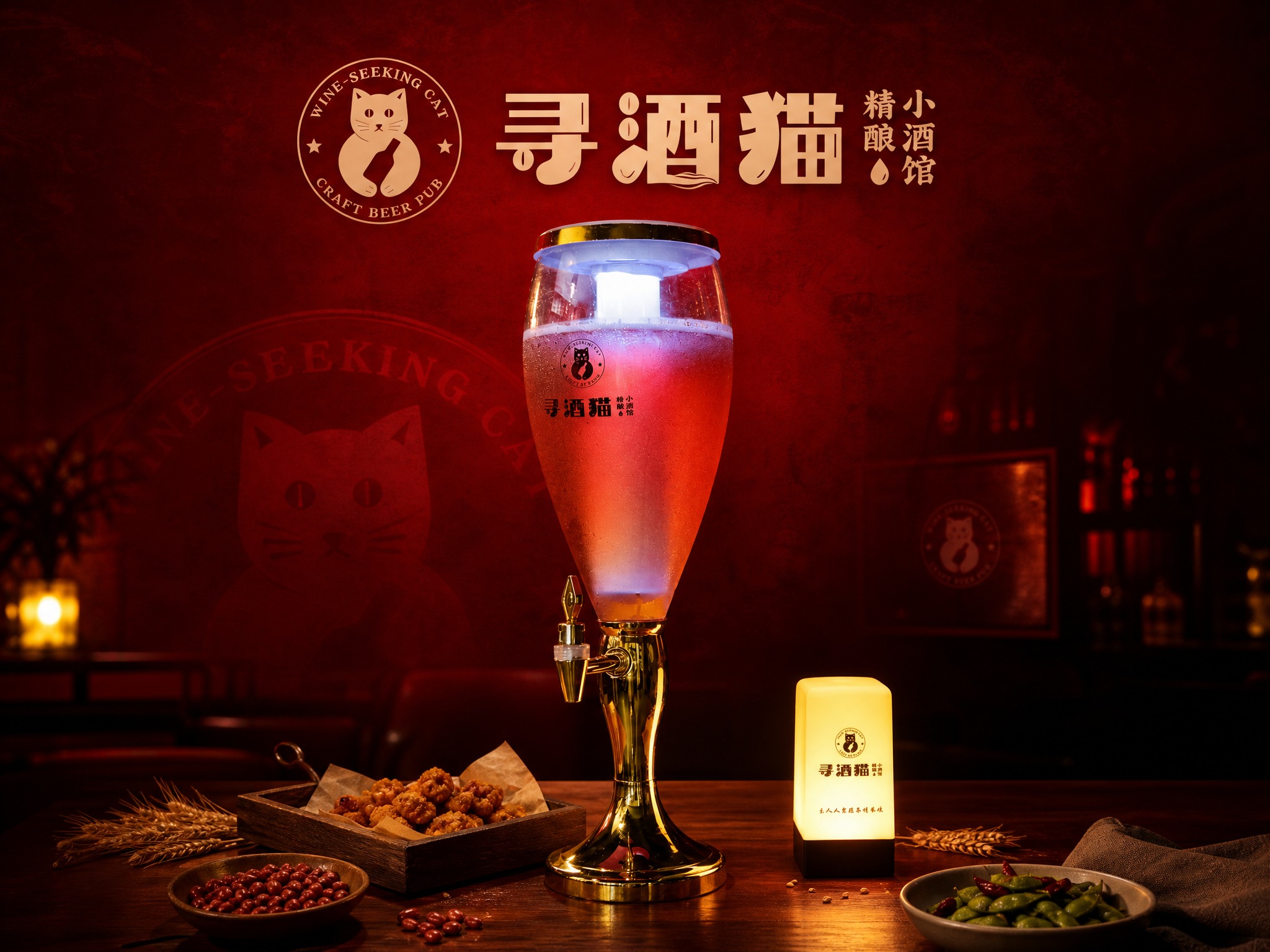 生成第三张寻酒猫精酿小酒馆融合海报，4:3比例，红色热烈氛围。… - 图片创意预览