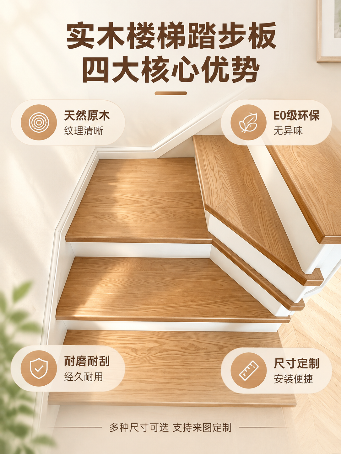 [主图-2] 核心亮点功能环绕图，展示实木楼梯踏步板的四大核心… - 图片创意预览