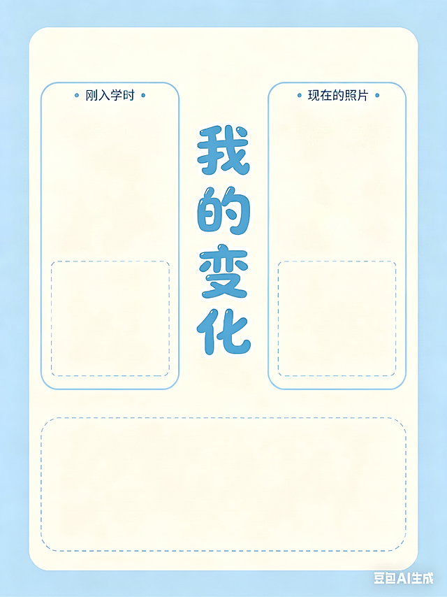去掉左侧刚入学时区域和右侧现在的照片区域里的人像照片，保留原本的标题文字和虚线框，保留整体版式、文字和背景样式不变，生成一张空白照片框的模板图
