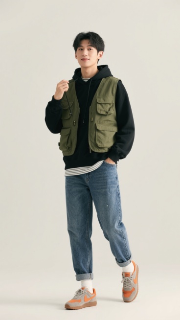 全身构图，年轻男性身着炭黑色连帽卫衣（内衬浅灰色条纹T恤露出下摆），外搭军绿色多口袋战术马甲，搭配水洗蓝工装直筒牛仔裤，裤脚卷起露出白色中筒袜，脚穿复古灰橙色老爹鞋。站姿随意不羁，左腿微屈重心下沉，右手插裤袋左手抓着卫衣帽绳，身体侧转45度面向镜头，嘴角噙着慵懒笑意。背景为纯净的米白色，采用45度俯视角的商业服装摄影布光，主光源勾勒出衣物的水洗纹理与马甲的立体口袋结构，高清晰度呈现牛仔布料的猫……预览效果