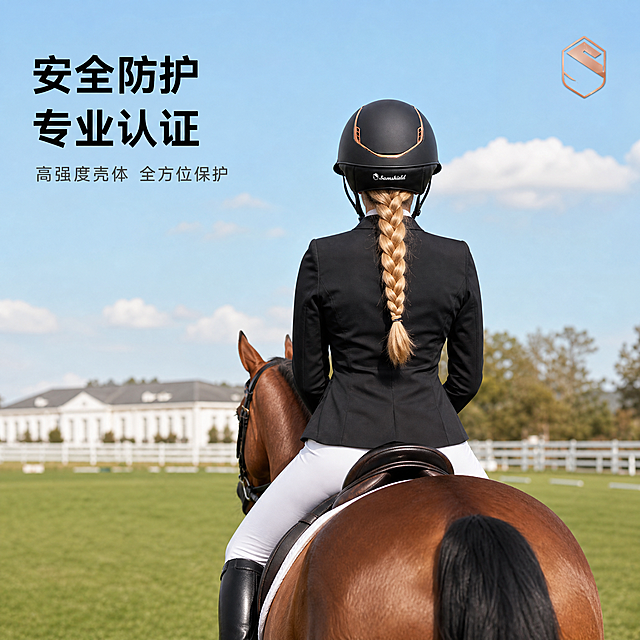 [主图-3] 马术头盔背面佩戴展示，女骑手骑马背影姿态。
[氛围风格] 高端马术运动风，动感专业，马场骑行场景氛围。
[画质] 商业摄影质感、光线柔和通透、产品清晰真实、画面干净高级、超高清细节。
[元素] 同一位欧美白人女性马术骑手，金色长发编成辫子垂在背后，身穿黑色马术骑士服+白色骑马裤+黑色长靴，正骑在一匹棕色骏马上，背影朝向镜头，马匹缓步前行。头盔背面完整展示，清晰呈现后部的Samshield银色品牌Logo字样、两侧玫瑰金色通风装饰条、后脑黑色皮质衬垫与下颌带结构，头盔外观（物理结构、材质质感、颜色、后部Logo与饰条）与输入产品图完全一致，杜绝变形色差。背景为开阔的马术训练场，绿色草坪延伸至远方，远处有白色马场建筑，天空湛蓝有白云。商品主体（头盔背面）占比约55%，人物与马匹中景构图，动态自然。
[光影] 午后阳光从右上方照射，头盔背面有柔和高光，玫瑰金饰条反光自然，马匹鬃毛有光泽，整体明亮温暖。
[配色] 主色哑光黑（头盔）；辅色玫瑰金（饰条）、银色（后部Logo）、棕色（马匹）、草绿（场地）；强调色天蓝。
[视角构图] 背面视角，中景构图，人物骑马背影为视觉中心，景深较大，展现场地空间感。
[文字版式] 画面左上负空间左对齐排版，主标题"安全防护 专业认证"，黑色粗体无衬线大字；下方辅助文案"高强度壳体 全方位保护"，深灰色小字。右上角有玫瑰金小徽章图案。文字均不遮挡头盔主体。
[输出要求] 1:1比例，文字清晰锐利，超高清商业摄影质感。
[负向提示词] 变形，文字错乱，产品图模糊，背景杂乱，水印，电商平台Logo，多余的手，多余的手指，畸形手，融合手指，手部扭曲，人物面部扭曲，关节反折。