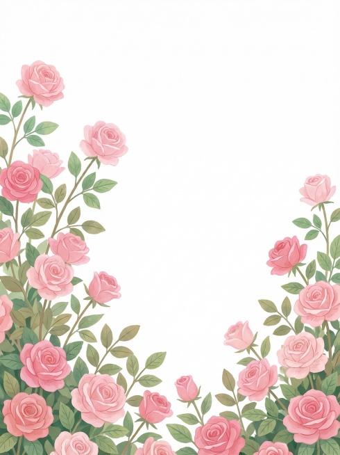 扁平插画风玫瑰花丛，延续原图风格，左右两侧花丛底部装饰，白色背景，粉色玫瑰搭配绿色枝叶，清新治愈色调，手绘质感，和示例花卉插画风格一致预览效果