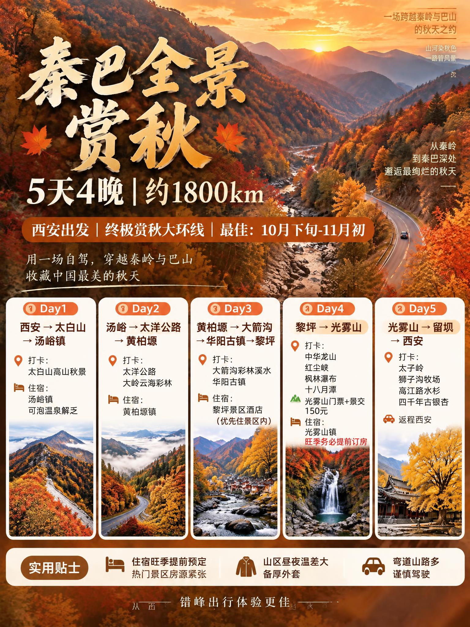 参考这张秦岭赏秋合集海报的整体版式、设计风格、秋日暖橙金棕色调… - 图片创意预览