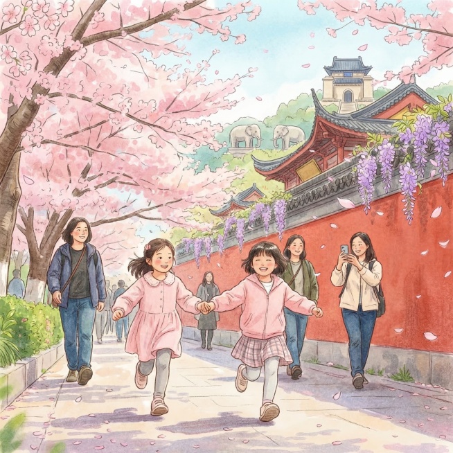 插画形式，春假小朋友在南京游玩，融入更多南京元素：鸡鸣寺樱花、明孝陵石象、中山陵、老门东紫藤蔓，孩子们在春光里嬉戏，整体风格清新治愈，色彩明亮，充满春日童趣预览效果