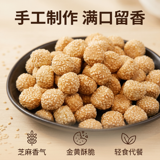 [主图 2 核心卖点二次修改]
[主图主题] 芝麻小圆饼核心卖点展示
[氛围/风格] 暖色调自然治愈风格，柔和自然光，突出品质感
[画面元素] 微距特写展示芝麻小圆饼表面满满芝麻颗粒质感，产品造型调整预览效果