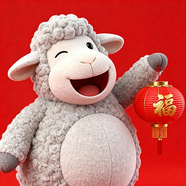 3D立体渲染可爱角色IP形象，一只浅灰色毛绒质感的羊玩偶，正面视角，睁一只眼闭一只眼，面带微笑，手持红色灯笼，灯笼上有金色“福”字，肚子大大圆圆的，嘴巴大大圆圆的，头部有一点点侧倾斜，灯笼风格为C4D风格、blender、OC渲染器，颜色温柔极简，背景为纯红色，整体构图简洁，红色主调营造浓厚节日氛围，寓意吉祥如意