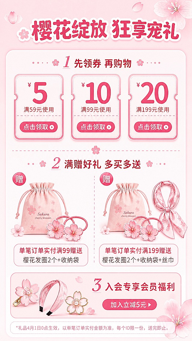 [商品] 使用【图1】优惠券+满赠福利页的完整版式结构；保留三档优惠券卡片、两栏满赠、底部入会福利的全部排版布局；将所有产品（卸妆棉、帆布包、护肤品小样）替换为女装相关赠品：左侧满99赠替换为"樱花发圈2个+精美收纳袋"，右侧满159赠替换为"樱花发圈2个+收纳袋+丝巾一条"，底部入会福利替换为"3件女装配饰小物（发夹/发带/胸针）"；整体配色保持樱花粉风格。
[画面] 目标：女装店铺樱花季福利优惠页，引导领券下单。构图：完全沿用原图版式——顶部标题区，上半部分三列优惠券并排，中间分隔线，下半部分左右两栏满赠礼品展示，底部入会福利横条；背景浅粉色，点缀樱花装饰。
[视觉] 套系策略：风格=浪漫樱花少女风电商海报；标题字=圆润粗体可爱字体；正文字=简洁无衬线中文字体；主色=樱花粉#FFB6C1；背景延展=浅粉色渐变底，白色圆角信息卡片，粉色描边；强调色=玫红色#FF69B4，仅用于价格数字、按钮、标签；标题色=深玫红#C71585；正文色=深粉#DB7093；组件=圆角矩形优惠券、虚线边框、樱花图标分隔；光影=平面设计感，轻微卡片投影。
[文字] 顶部主标题"樱花绽放 狂享宠礼"配樱花图标；第一部分"1 先领券 再购物"；三档优惠券：左"¥5 满59元使用 点击领取"、中"¥10 满99元使用 点击领取"、右"¥20 满199元使用 点击领取"；第二部分"2 满赠好礼 多买多送"；左栏"单笔订单实付满99赠送 樱花发圈2个+收纳袋"；右栏"单笔订单实付满199赠送 樱花发圈2个+收纳袋+丝巾"；底部"3 入会专享会员福利 加入立减5元"；底部小字备注活动规则；所有文字横排，清晰可读。
[规格] 图片比例9:16竖版，4K分辨率，medium质量；保持与原图版式高度一致，仅替换产品和赠品内容。