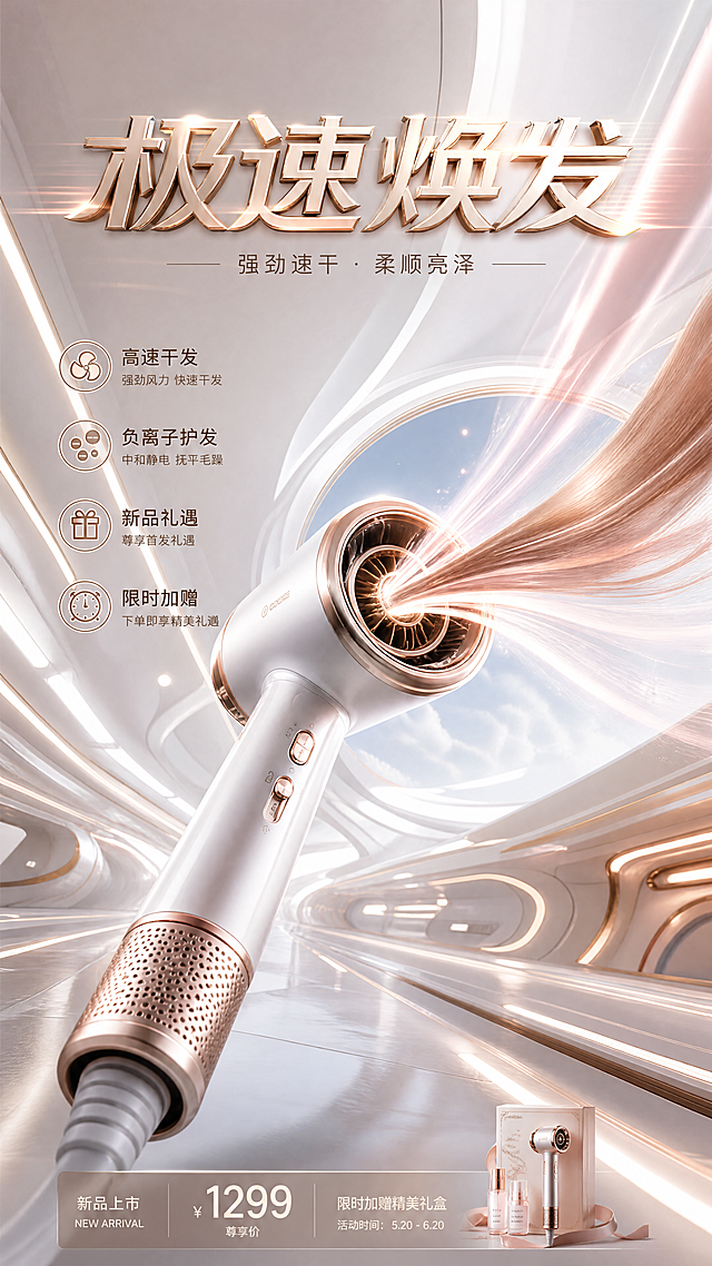 未来感与科技感交融，鎏金风3D重拟物设计，光影流动营造梦幻视觉，虚拟现实风格呈现极致奢华的吹风机体验。