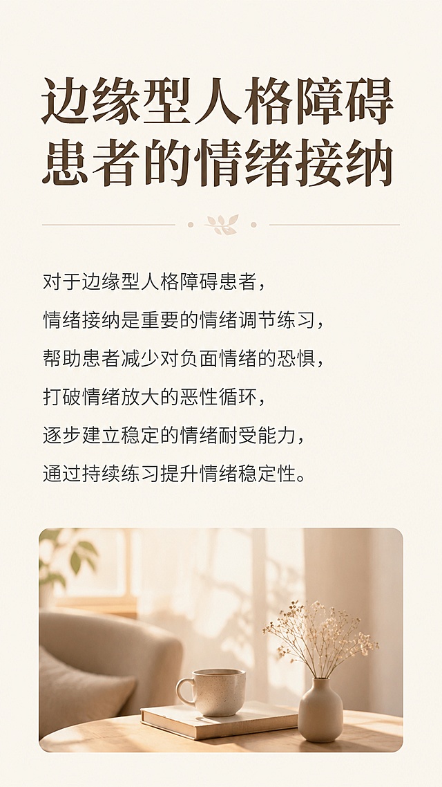 [第4屏] 公众号内容页，边缘型人格障碍患者的情绪接纳专项内容，文字为主搭配一张舒缓场景配图。氛围风格：温和专业，心理疗愈感，包容温暖的视觉感受，高端科普质感。元素布局：顶部大标题，上半段文字讲解，下半区搭配一张低饱和度暖光室内场景小图，图片占比不超过30%，整体以文字阅读为核心，图文搭配舒缓节奏。光影质感：整体光线柔和均匀，图片光影自然温暖，文字清晰无遮挡。配色色系：保持全局底色 #F5F5F0，文字深灰，标题深棕，图片低饱和暖调，整体和谐统一。视角构图：竖向排版，文字在上图片在下，分区清晰，阅读动线流畅。文字版式：大标题"边缘型人格障碍患者的情绪接纳"，正文：对于边缘型人格障碍患者，情绪接纳是重要的情绪调节练习，帮助患者减少对负面情绪的恐惧，打破情绪放大的恶性循环，逐步建立稳定的情绪耐受能力，通过持续练习提升情绪稳定性；文字排版清晰，段落分明，字体大小适合手机阅读。比例分辨率：9:16 竖版比例，4K分辨率，高清画质。负向提示词：图片喧宾夺主，文字过小，文字错乱，配色冲突，变形