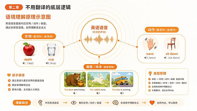 16:9 横版，清新扁平风信息图表，无人物无卡通。对应第二章：不用翻译的底层逻辑，主题为语境理解原理示意图。画面中心为英文语音波纹图形，向外辐射连接三类具象元素：实物图标（苹果、水杯）、动作图标（挥手、坐下）、绘本画面图标，呈现「英语语音直接对应实物 / 动作 / 画面」的关联逻辑，暖橙色点缀核心元素，整体干净直观，解释孩子通过多感官语境自然理解语言的底层原理。