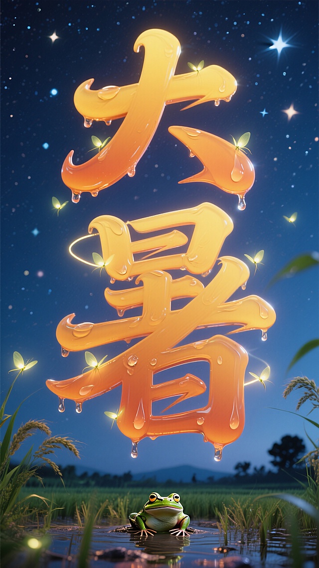 “艺术字‘大暑’为主体，字体边缘有融化的水滴效果（象征炎热），笔画间穿插萤火虫光带，背景是深蓝色夏夜，远处稻田有蛙鸣剪影，文字用渐变橙黄色，背景点缀星星光斑，插画风格，文字立体感强